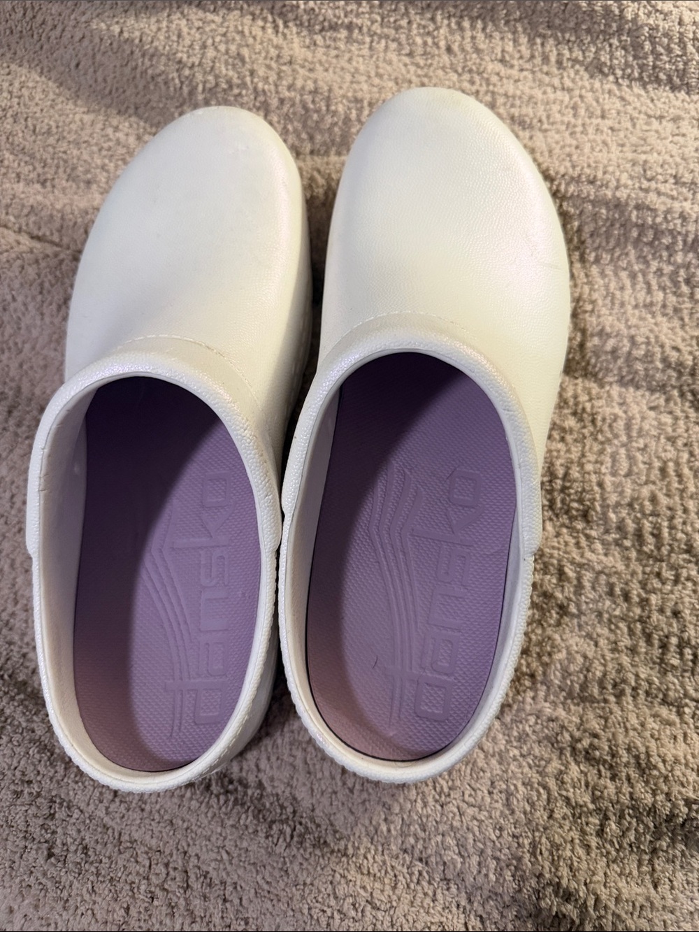 Dansko White Mules with Lavender Insoles
